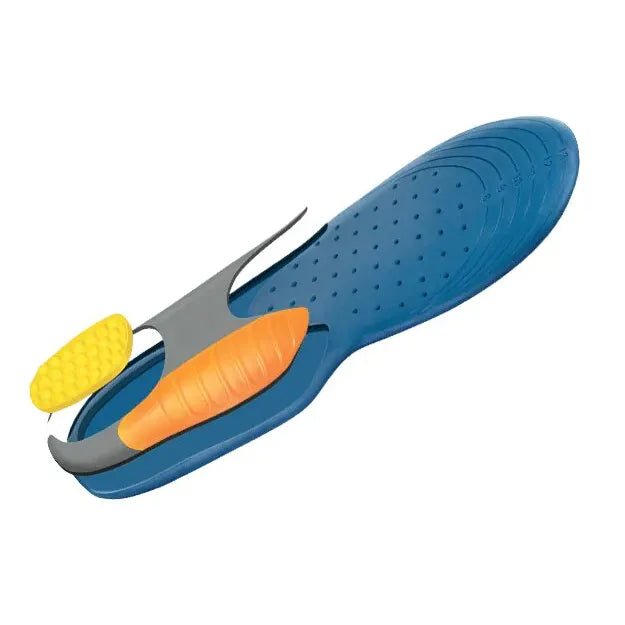 Blue shoe insole with yellow and orange accents on a white background - okotoks hc pharmacy