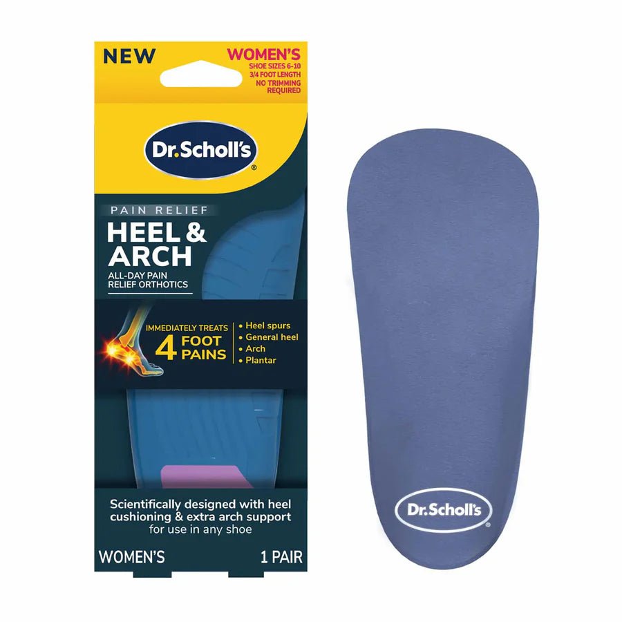 Dr. Scholl's heel and arch orthotic packaging and blue orthotic on a white background - okotoks hc pharmacy