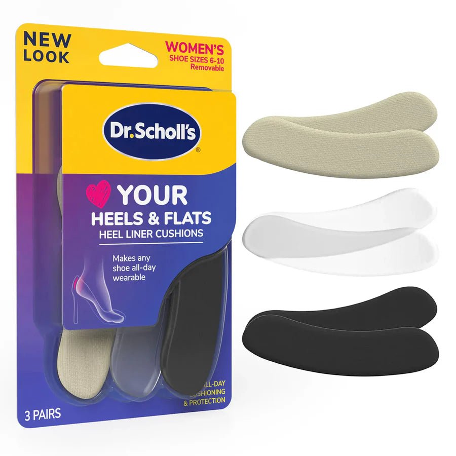Dr. Scholl's heel liner cushions packaging with three pairs of black and beige cushions on a white background. - okotoks hc pharmacy