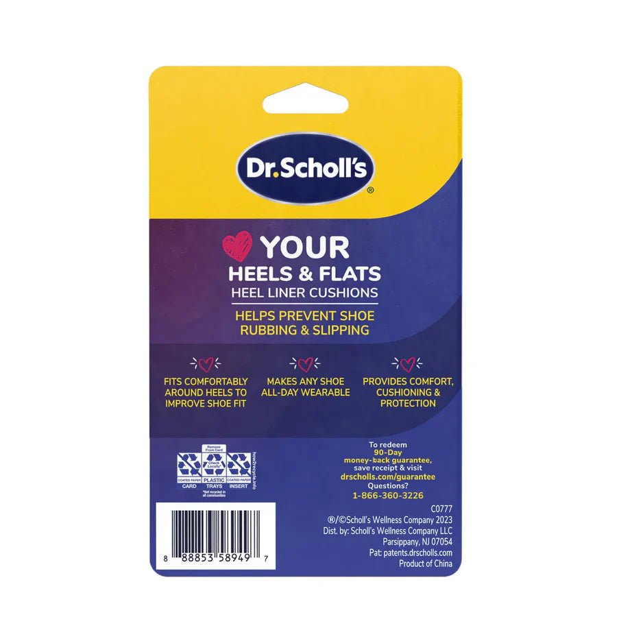 Dr. Scholl's heel liner cushions packaging with yellow and blue design. - okotoks hc pharmacy