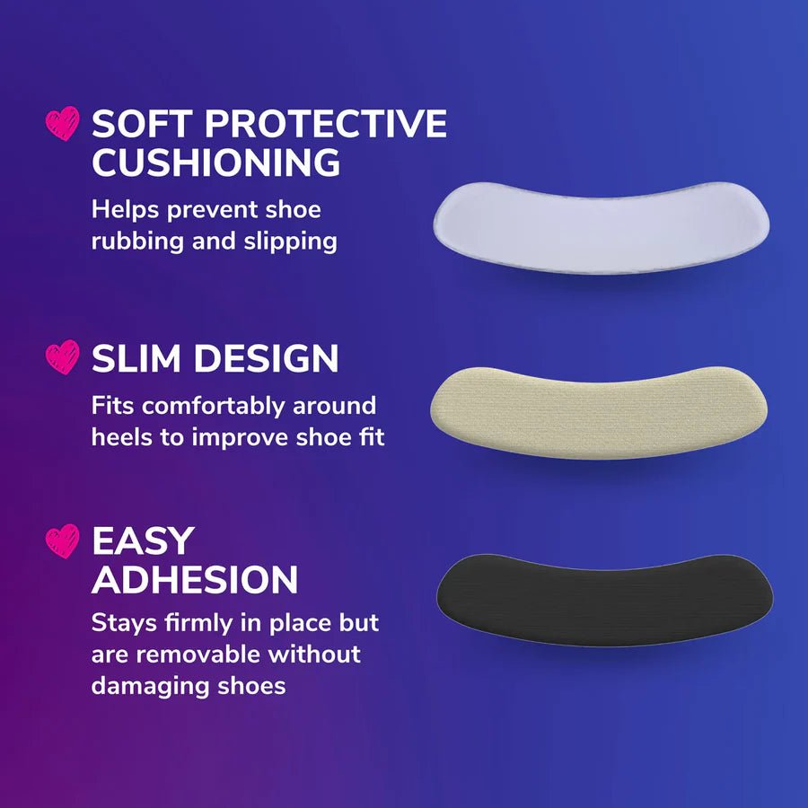 Three shoe inserts in white, beige, and black on a blue background with text about their features. - okotoks hc pharmacy