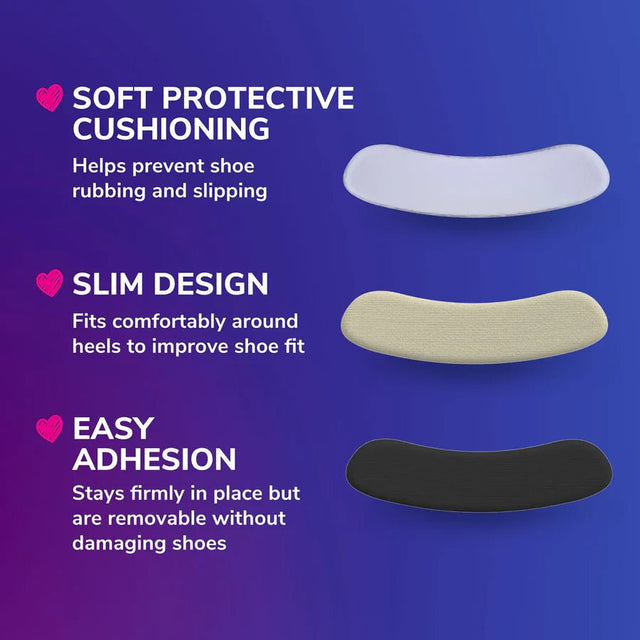 Three shoe inserts in white, beige, and black on a blue background with text about their features. - okotoks hc pharmacy
