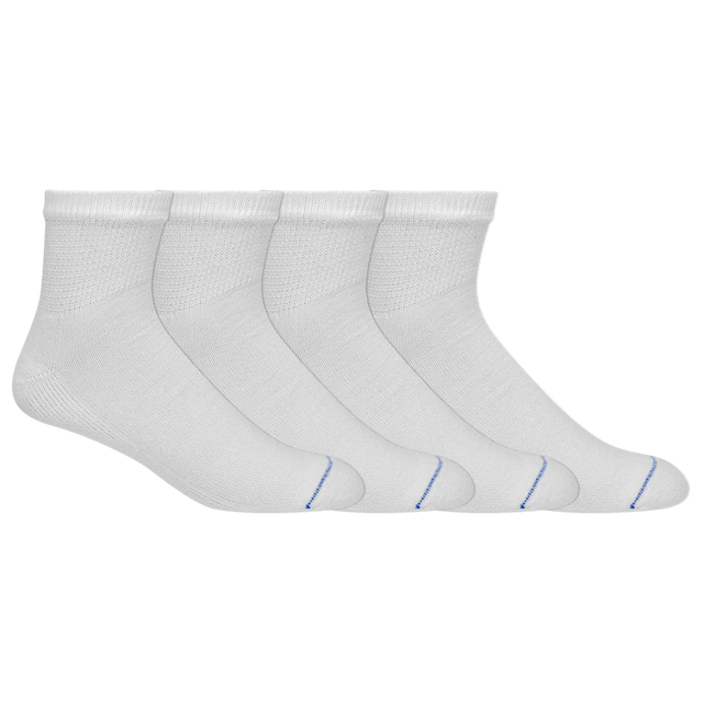 Set of four white socks with blue accents on a white background - okotoks hc pharmacy