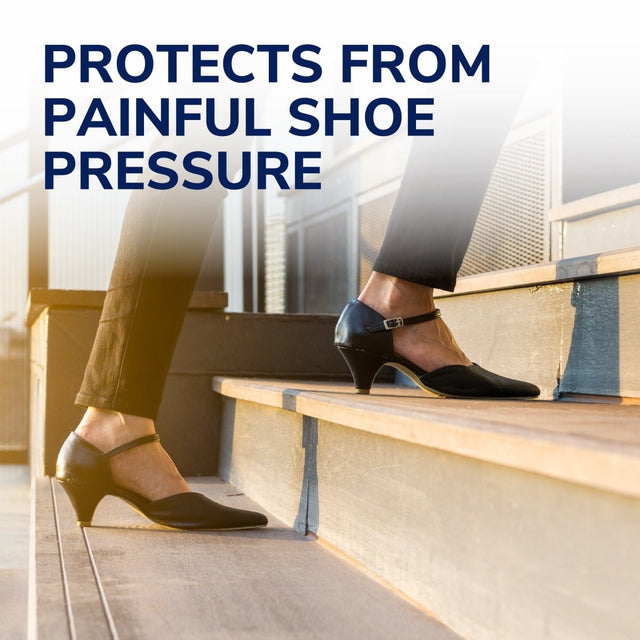 Person wearing black shoes with high heels stepping onto a wooden platform, text 'PROTECTS FROM PAINFUL SHOE PRESSURE' above. - okotoks hc pharmacy