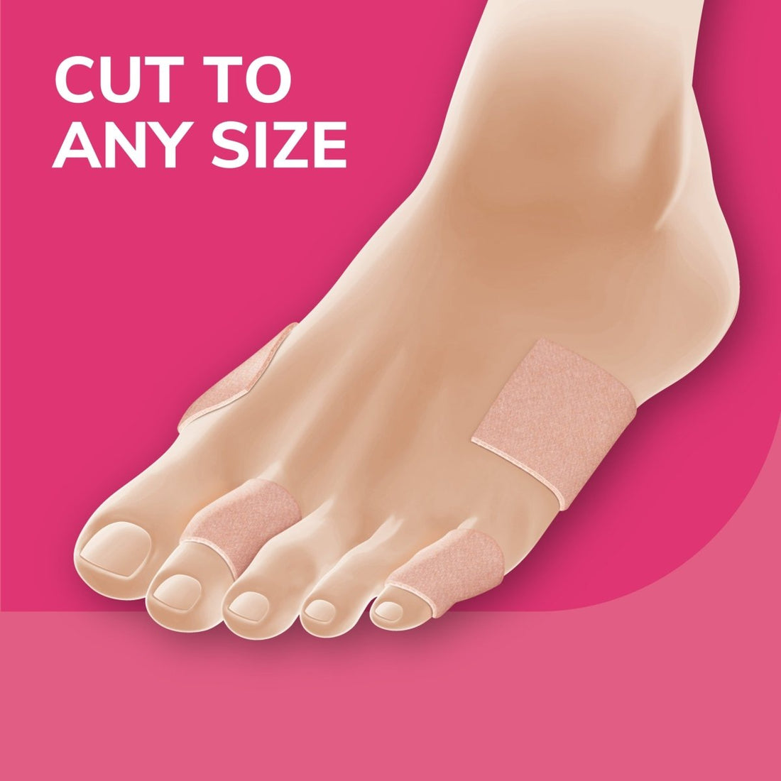 Foot with toe separators on a pink background with text 'Cut to any size'. - okotoks hc pharmacy
