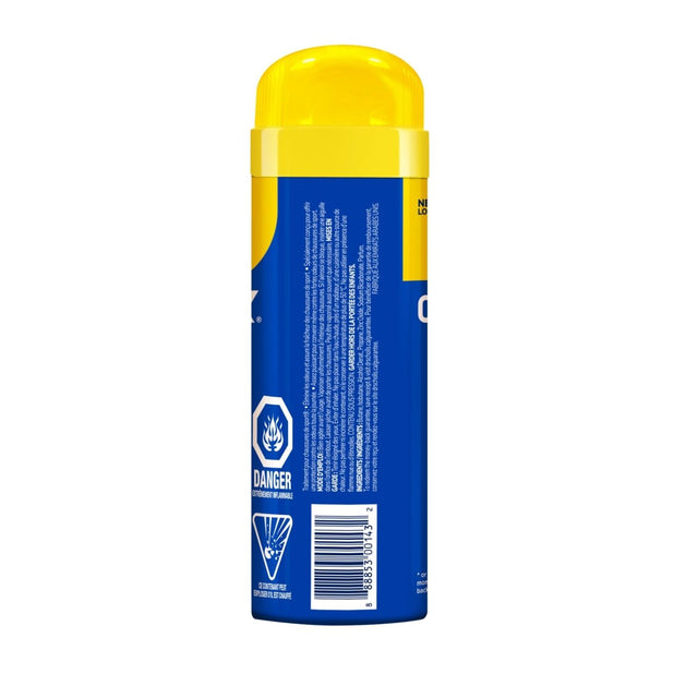 A blue and yellow aerosol can shown from the back, featuring warning labels, a barcode, and a yellow cap, on a plain white background. - okotoks hc pharmacy