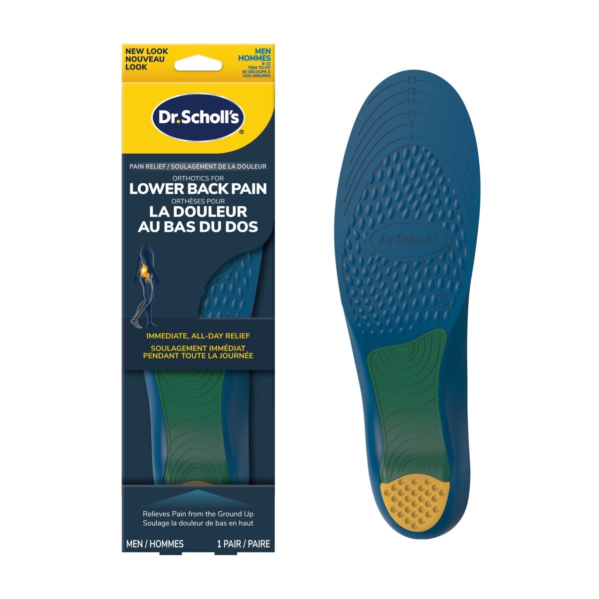 Dr. Scholl's lower back pain insole packaging with insole displayed on a white background - okotoks hc pharmacy