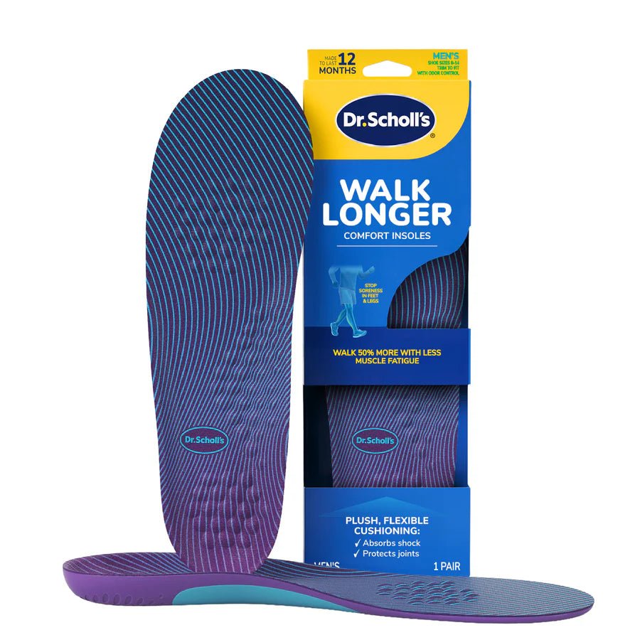 Dr. Scholl's Walk Longer comfort insoles with packaging on a white background - okotoks hc pharmacy