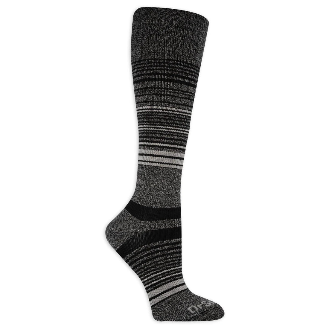 Gray knee-high sock with black and white striped pattern on a white background - okotoks hc pharmacy