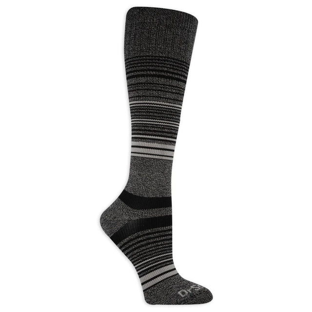 Gray knee-high sock with black and white striped pattern on a white background - okotoks hc pharmacy