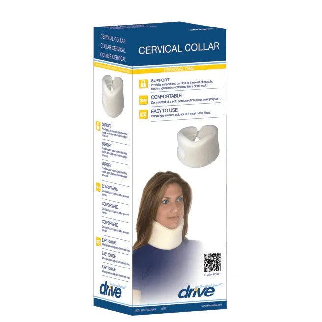Cervical collar packaging with a woman wearing the collar on a white background - Okotoks HC Pharmacy