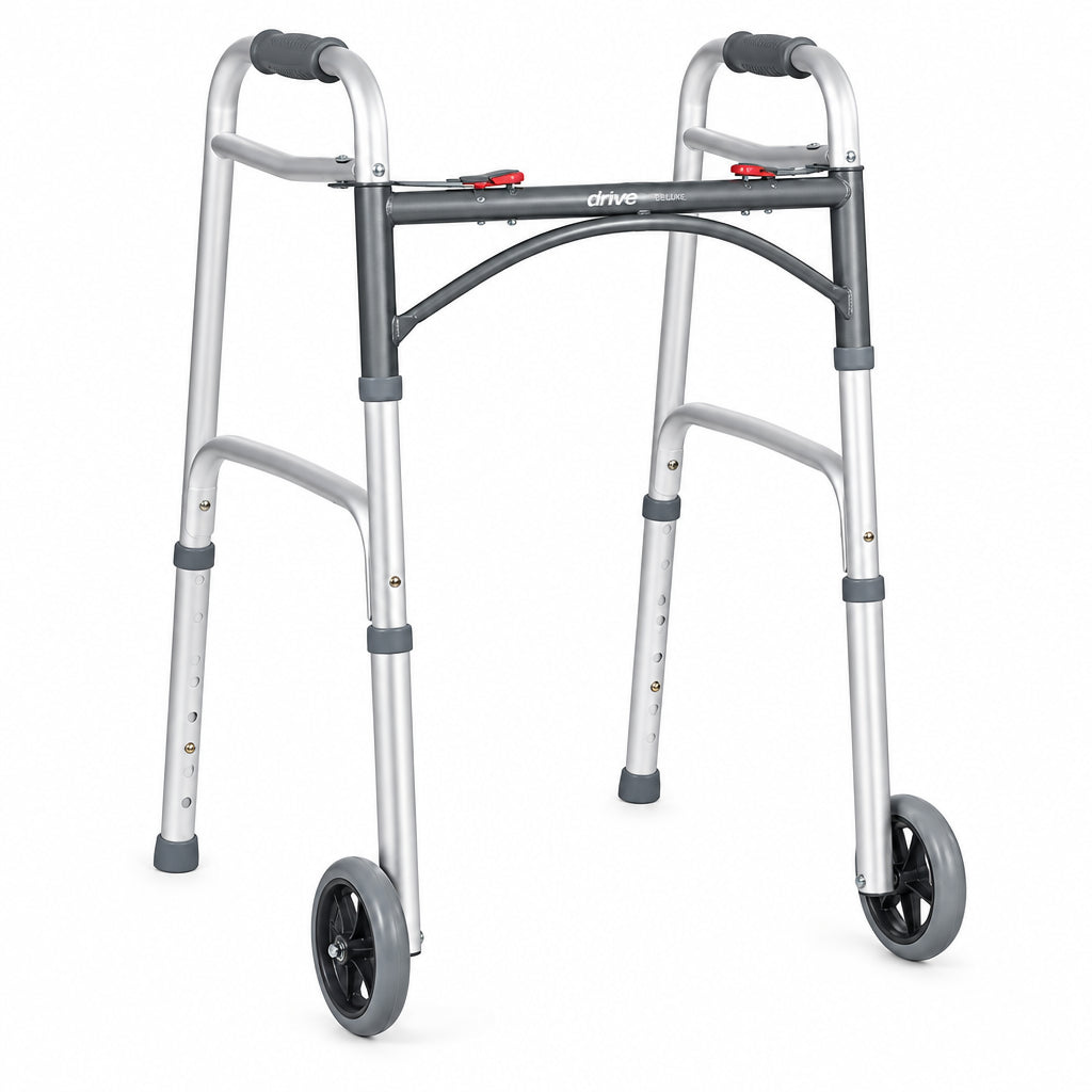 Drive Deluxe Folding Walker, Two Button with 5" Wheels # Okotoks HC Pharmacy
