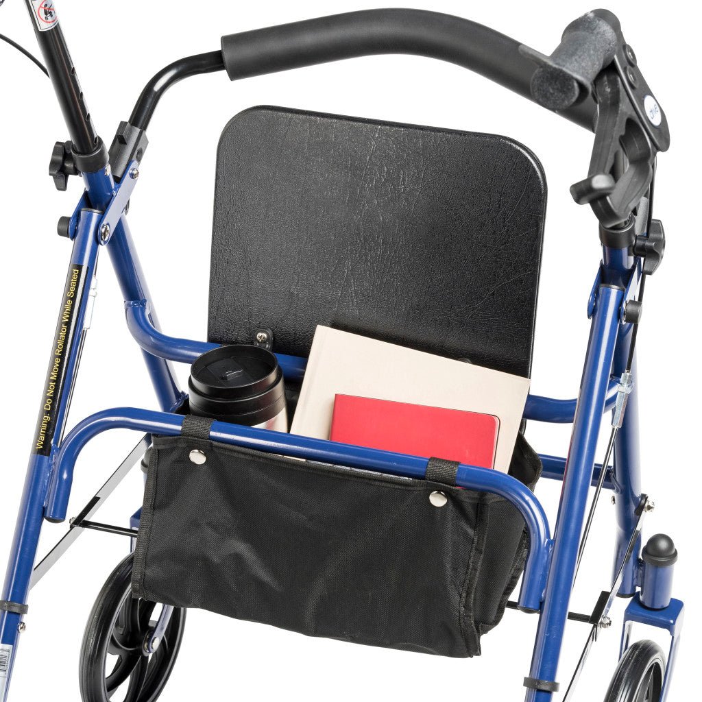 Blue walker with a black bag and items on a white background - okotoks hc pharmacy