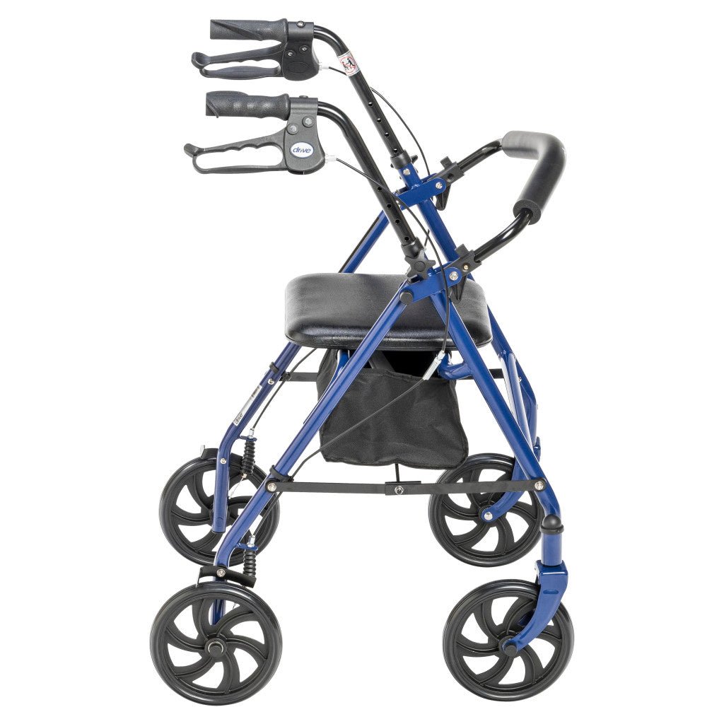 Blue rollator with four wheels on a white background - okotoks hc pharmacy