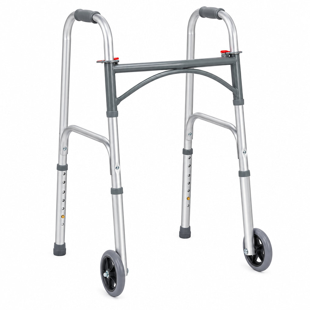 Silver walker with wheels on a white background - okotoks hc pharmacy