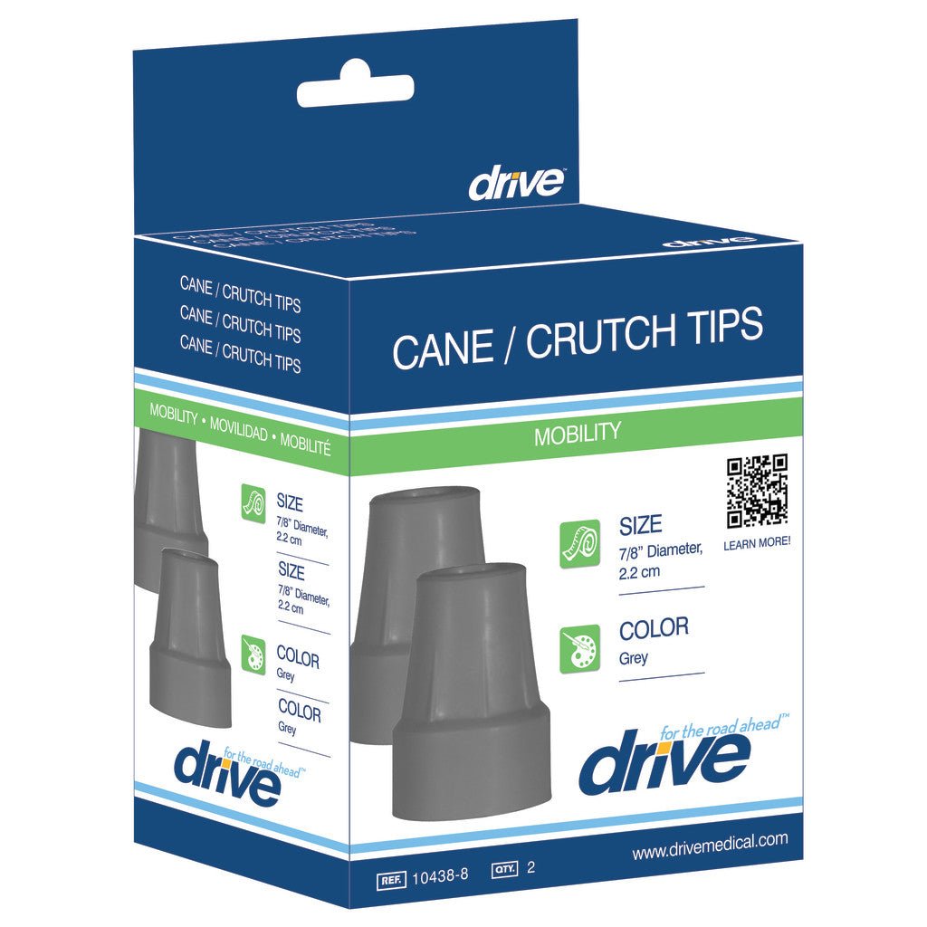 Box of Drive Cane/Crutch Tips with product images and specifications on a white background - okotoks hc pharmacy
