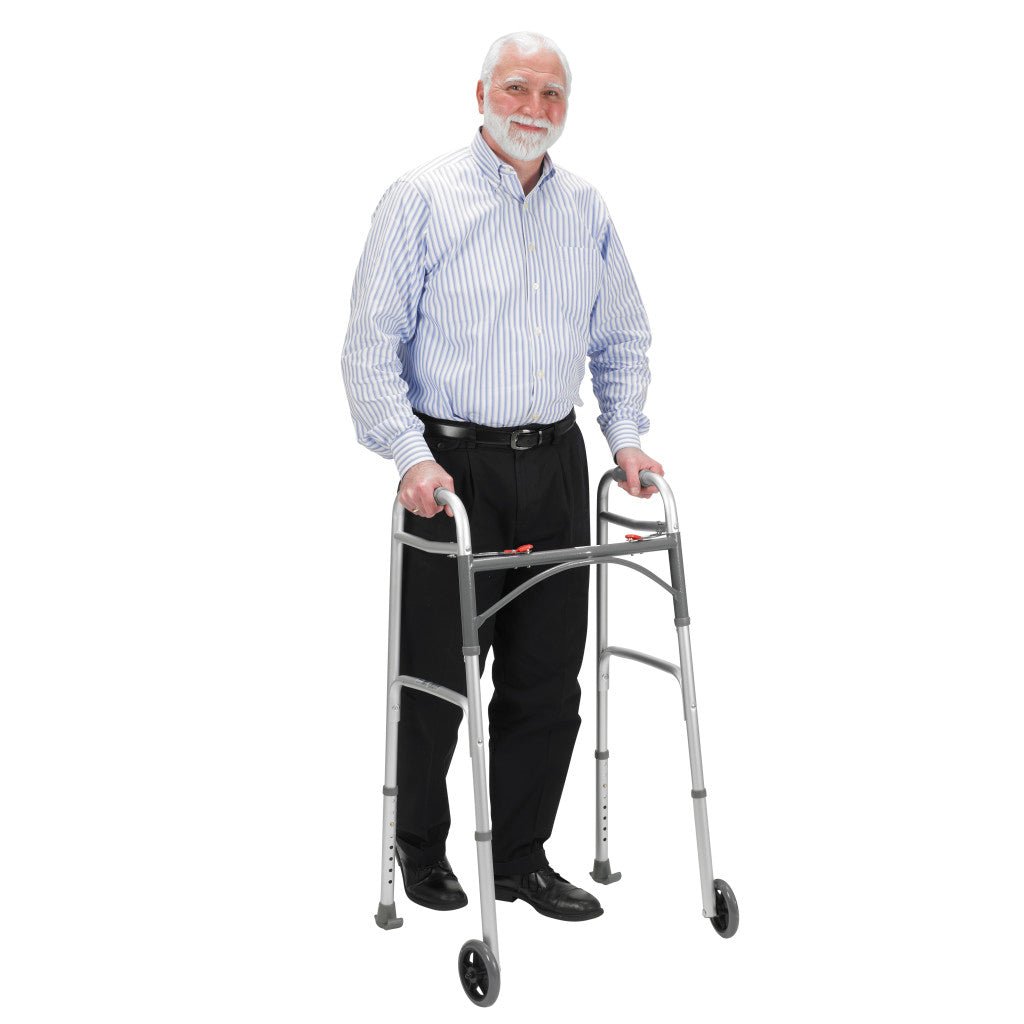 Man using a walker on a white background - okotoks hc pharmacy