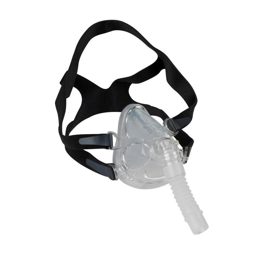 A clear CPAP mask with a black adjustable head strap and a translucent breathing tube, shown on a plain white background. - okotoks hc pharmacy