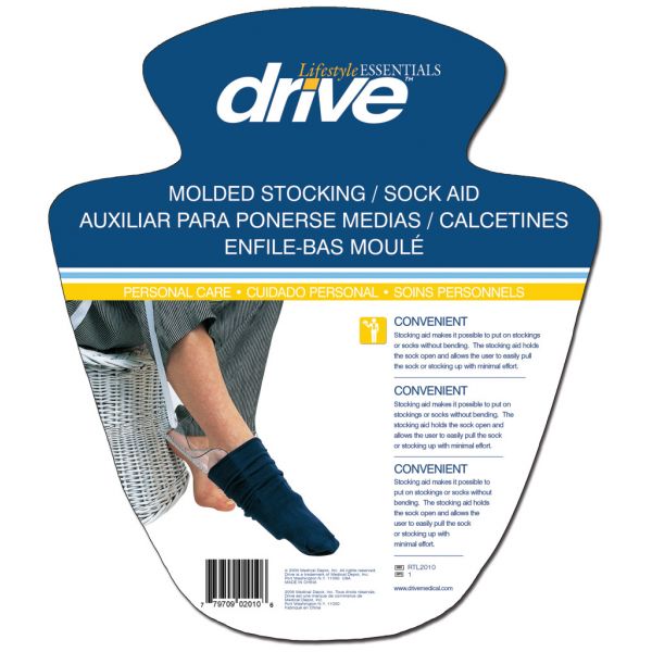 Package of Drive Molded Stocking Sock Aid with blue stocking and person wearing it. - okotoks hc pharmacy