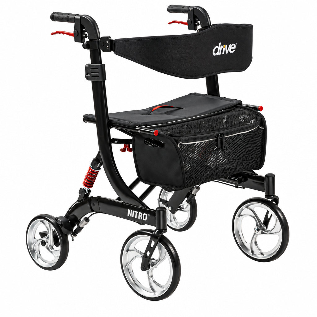 Black rollator with a bag on a white background - okotoks hc pharmacy