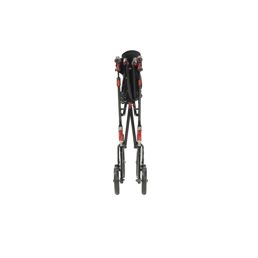 Black and red rollator folded on a white background - okotoks hc pharmacy