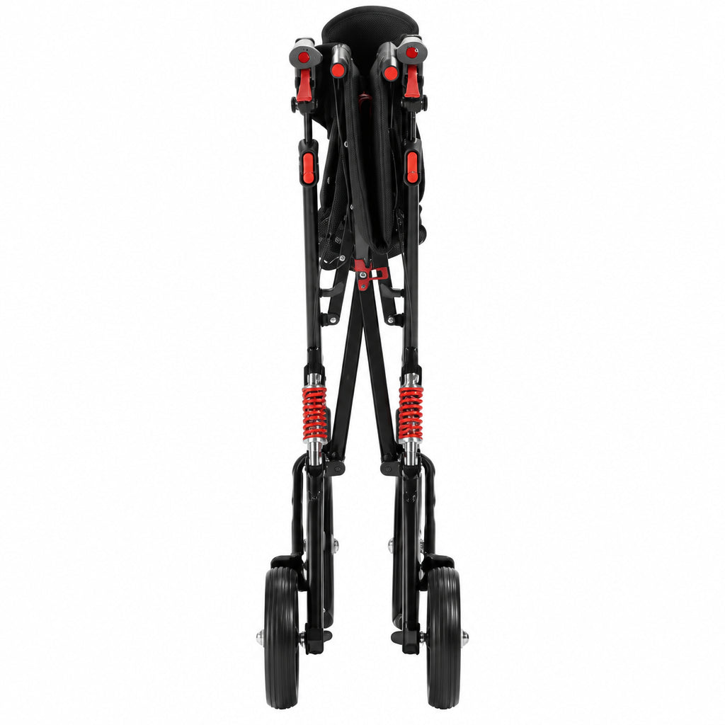 Black and red rollator folded on a white background - okotoks hc pharmacy