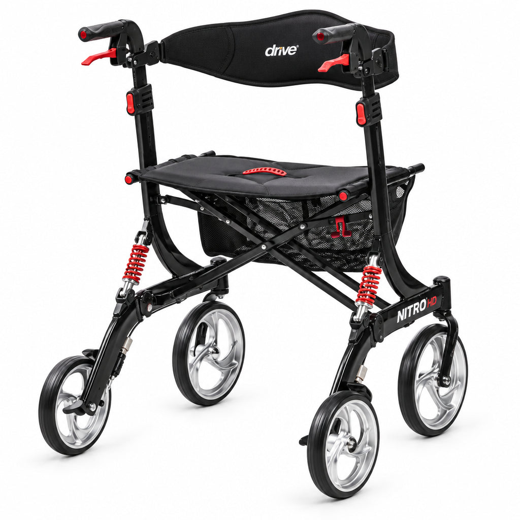 Black rollator with gray seat on a white background - okotoks hc pharmacy