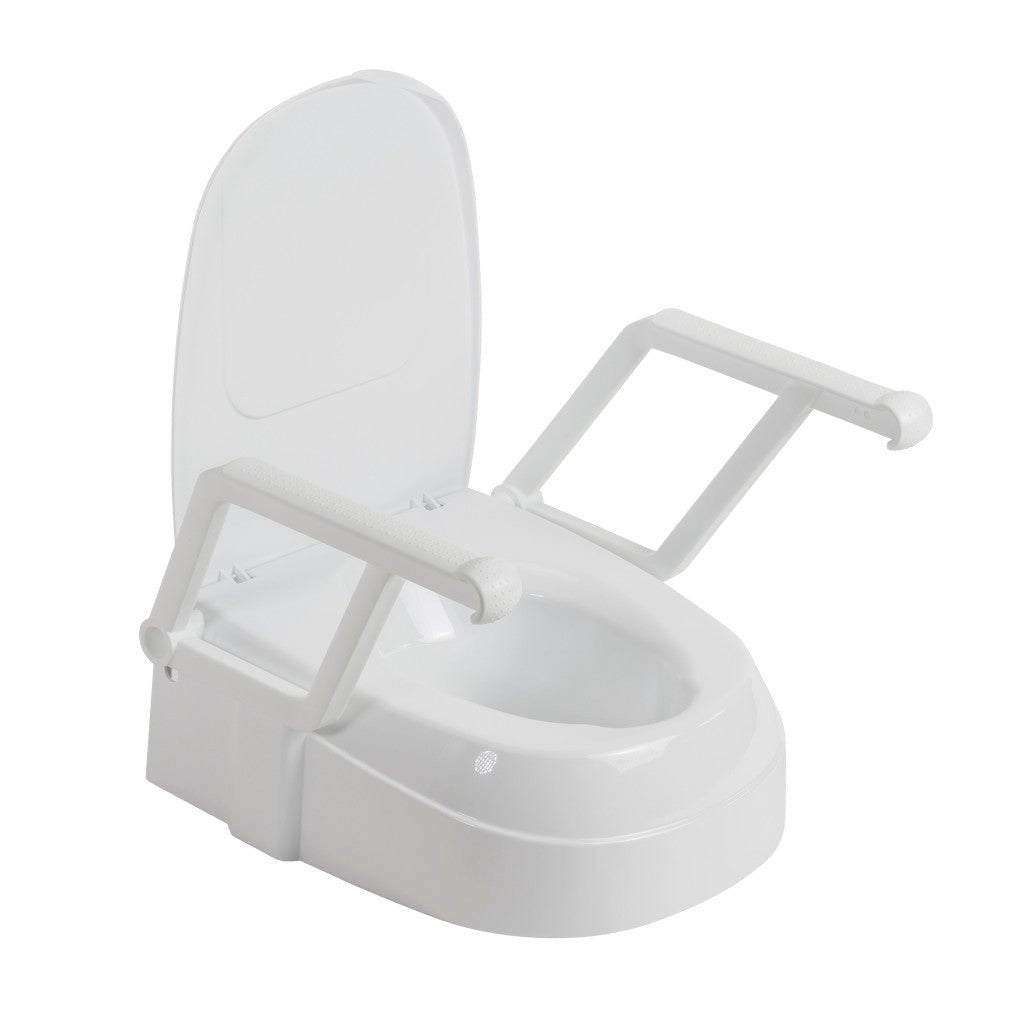 White raised toilet seat with a support handle on a white background - okotoks hc pharmacy