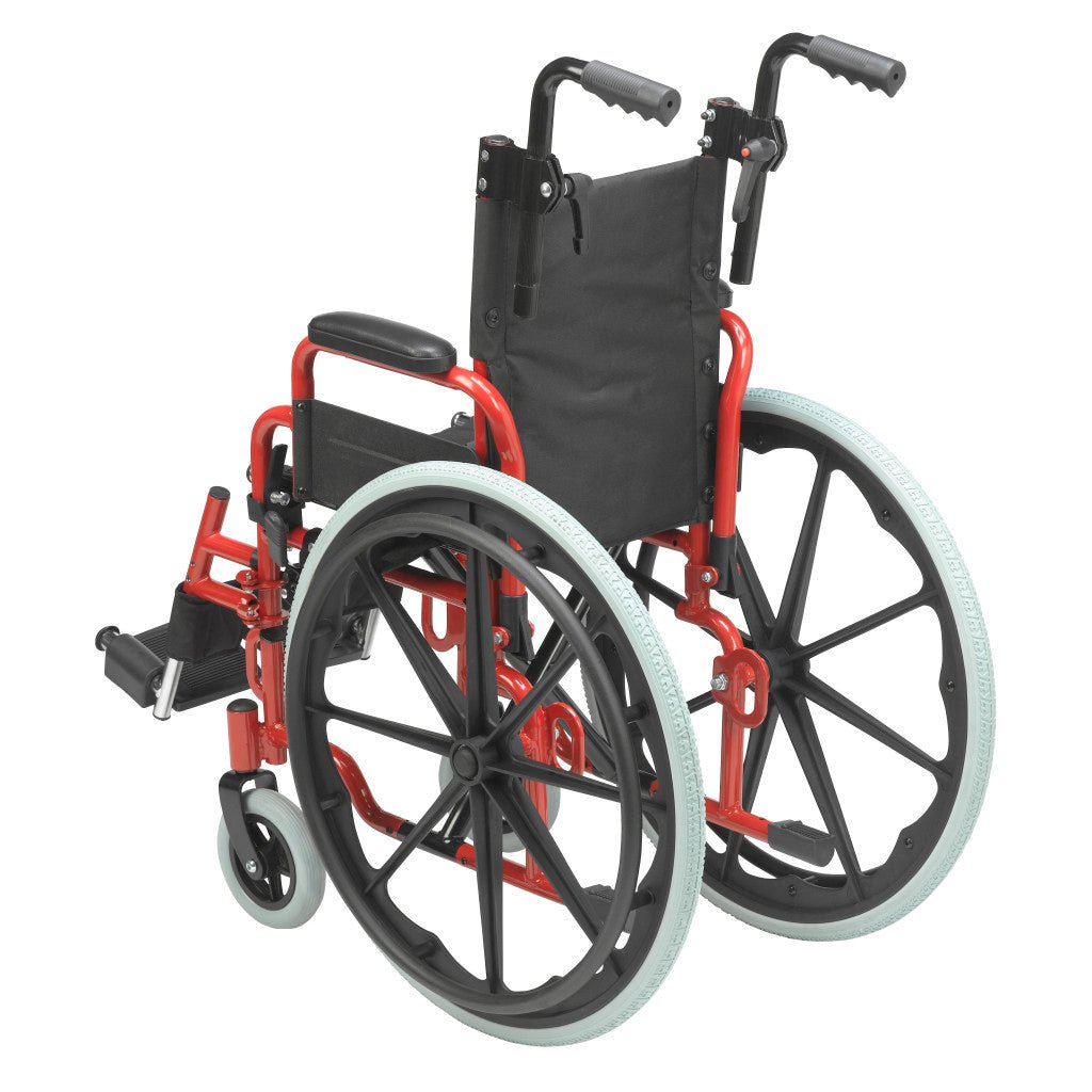 Wheelchair with red frame and black seat on a white background - okotoks hc pharmacy