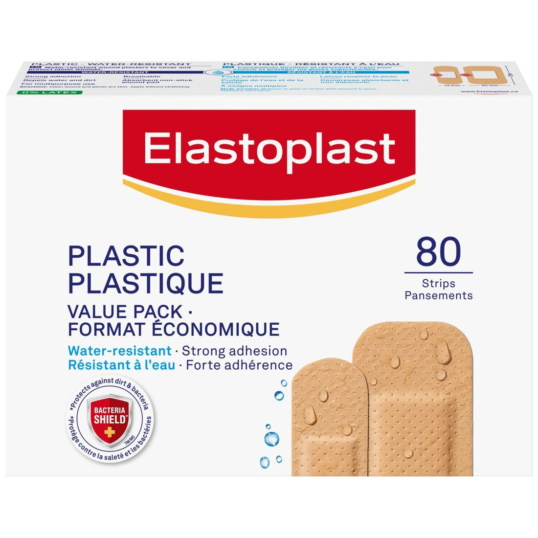 Elastoplast plastic bandages packaging with 80 strips on a white background - okotoks hc pharmacy