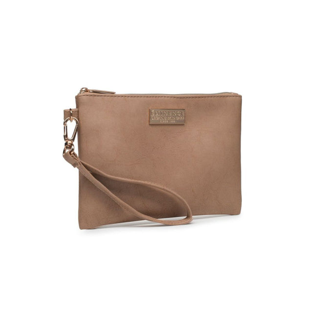 A tan faux-leather wristlet clutch with a top zipper, a matching wrist strap, and a small gold-tone brand plaque on the front, set against a plain white background. - okotoks hc pharmacy