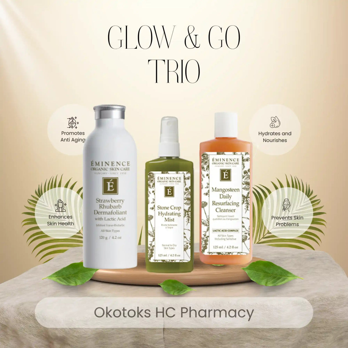 Eminence Organics Glow & Go Trio – Cleanser, Exfoliant & Hydrating Mist - Okotoks HC Pharmacy