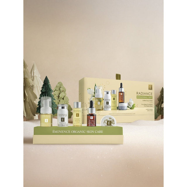Eminence Organic Skin Care set with various skincare products on a beige background - okotoks hc pharmacy