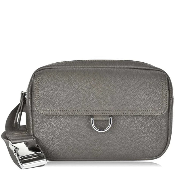 Gray crossbody bag with a silver buckle on a white background - okotoks hc pharmacy