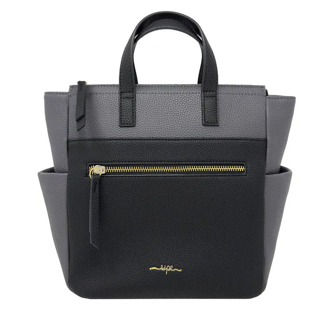 Two-toned black and gray handbag with gold zipper on a white background - okotoks hc pharmacy