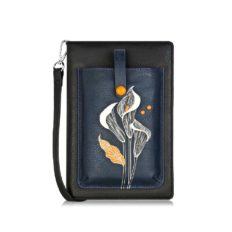 Black and blue handbag with floral design on a white background - okotoks hc pharmacy