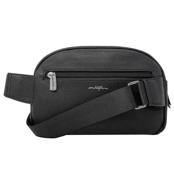 Black leather waist bag on a white background - okotoks hc pharmacy