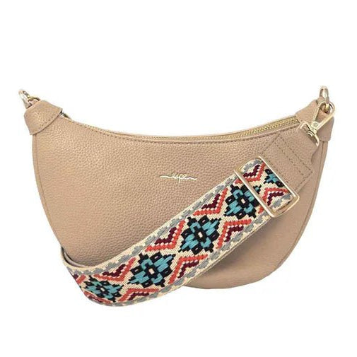 Beige handbag with a colorful strap on a white background - okotoks hc pharmacy