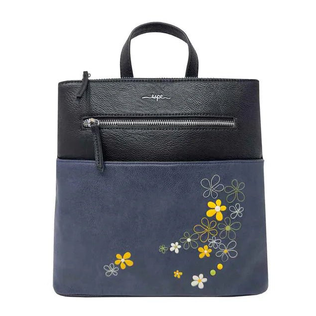 Black and blue handbag with floral embroidery on a white background - okotoks hc pharmacy