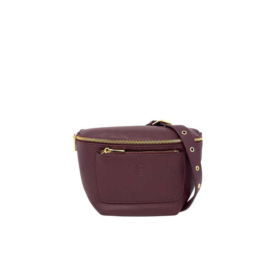 wine handbag with gold zipper and accents on a white background - okotoks hc pharmacy