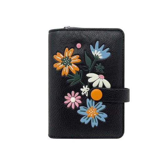 Black wallet with floral embroidery on a white background - okotoks hc pharmacy