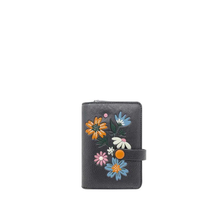 grey wallet with colorful floral embroidery on a white background - okotoks hc pharmacy