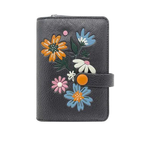 grey wallet with colorful floral embroidery on a white background - okotoks hc pharmacy