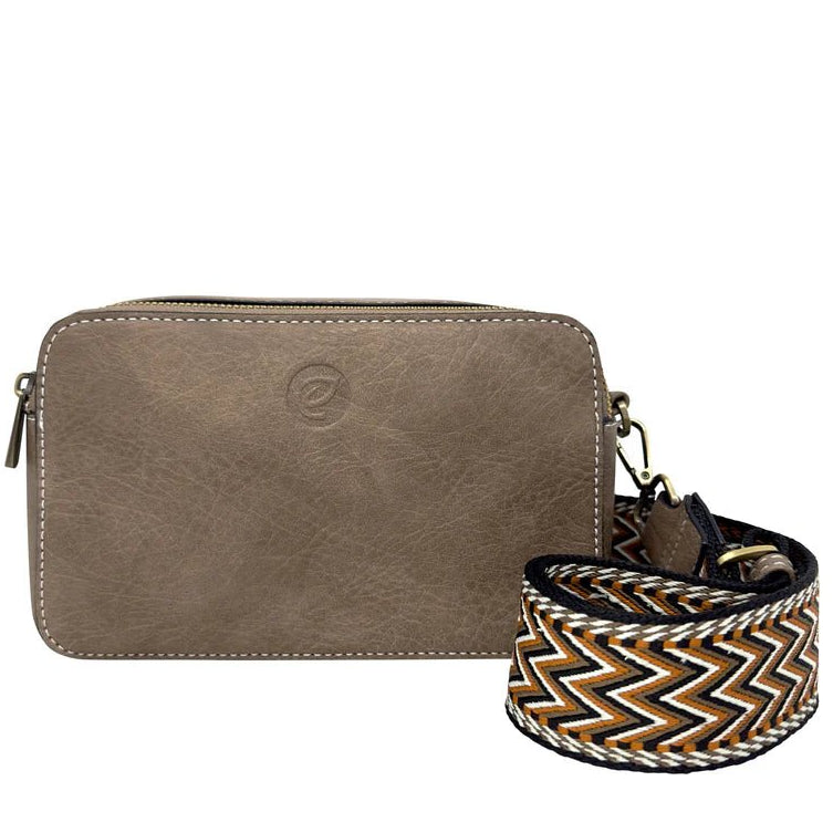 Brown bag with a patterned strap on a white background - okotoks hc pharmacy