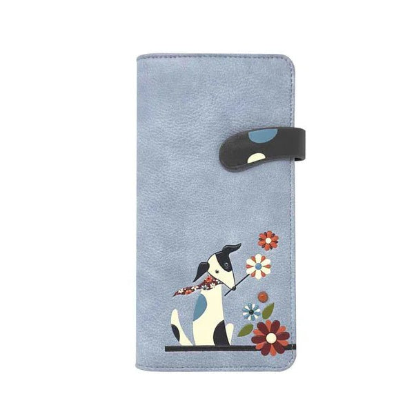 Blue wallet with a dog and flower design on a white background - okotoks hc pharmacy