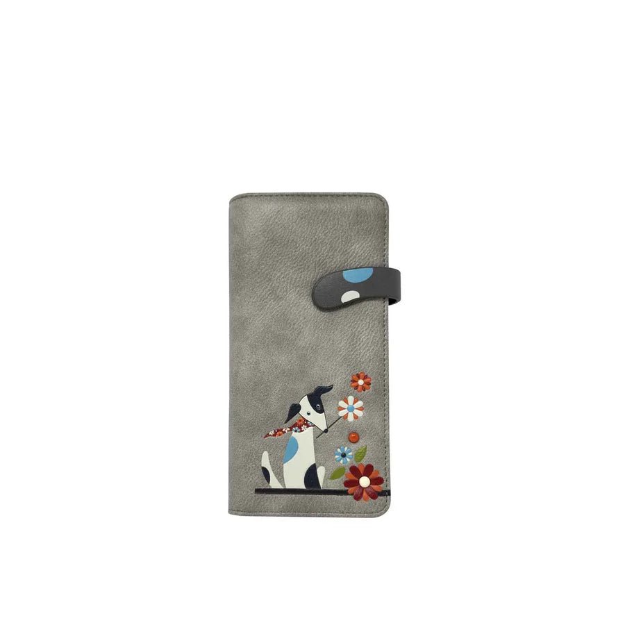 Gray wallet with a dog and flower design on a white background - okotoks hc pharmacy