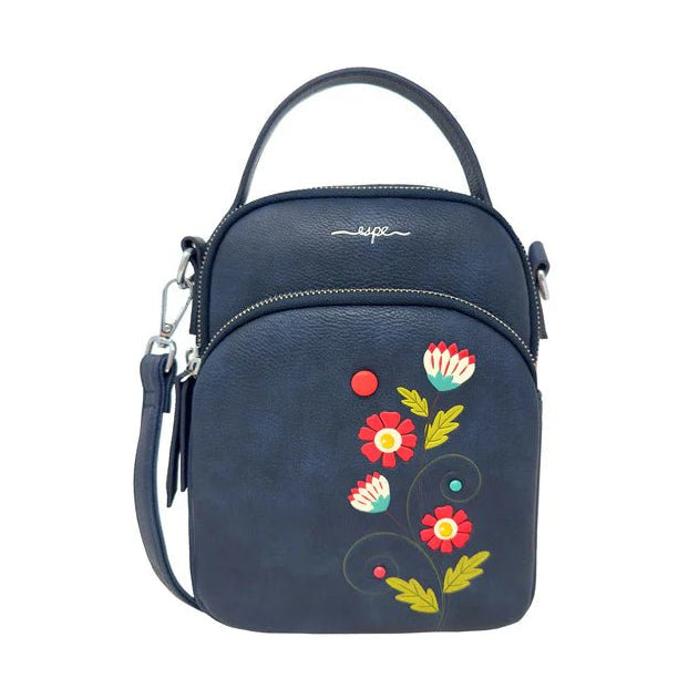 Navy blue handbag with floral embroidery on a white background - okotoks hc pharmacy