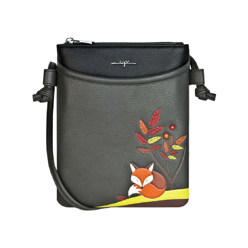 Black handbag with a fox and leaf design on a white background - okotoks hc pharmacy
