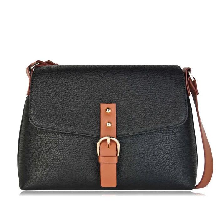 Black handbag with brown strap and buckle on a white background - okotoks hc pharmacy