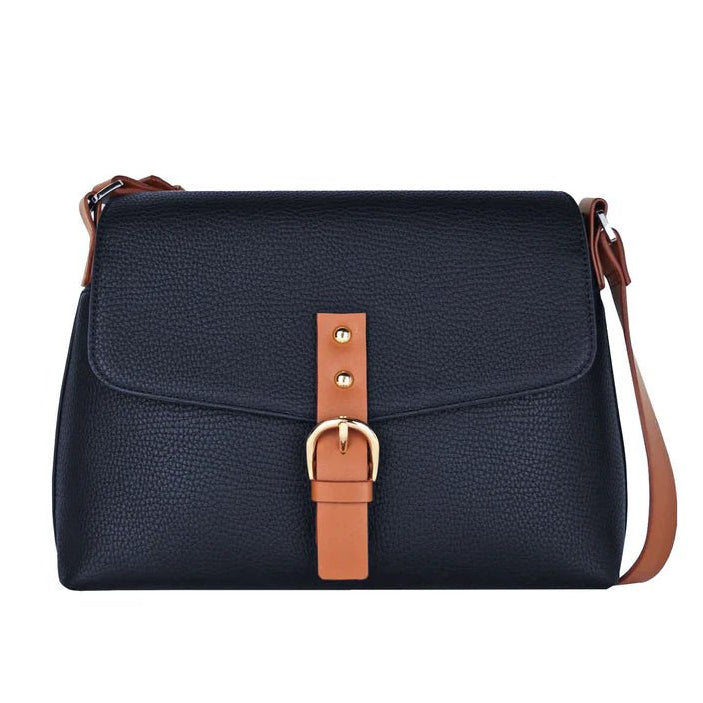 Navy blue handbag with brown strap and buckle on a white background - okotoks hc pharmacy